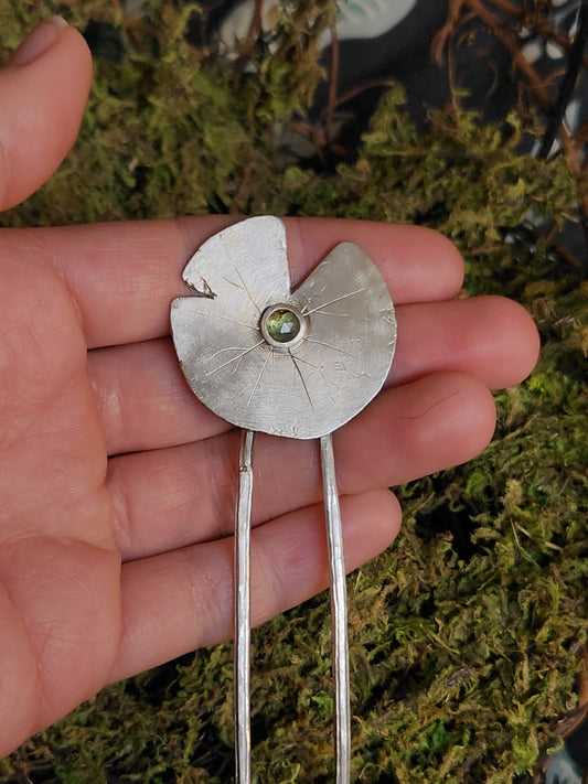 Green Tourmaline and Silver Hair Pin
